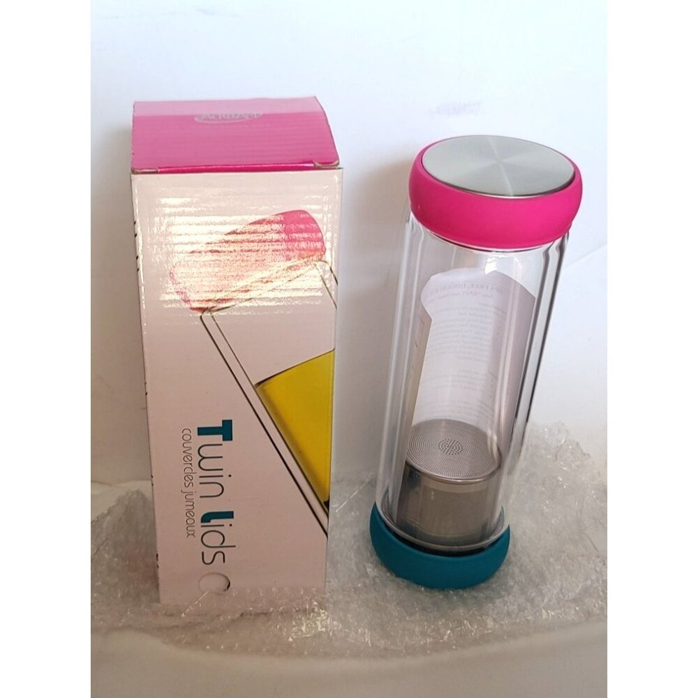 Asobu Twin Lids Glass Water Bottle With Tea Infuser 14 oz Double Walled NEW